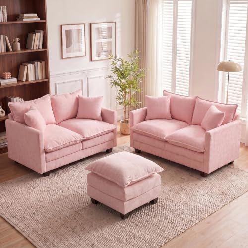 Image of 50'' Loveseat Sofa Set with Ottoman, Small Couch Set 2 Piece Cloud Love Seat 27 inch Deep Seat Washable Pillows Couches for Small Spaces Apartment Living Room, Pink
