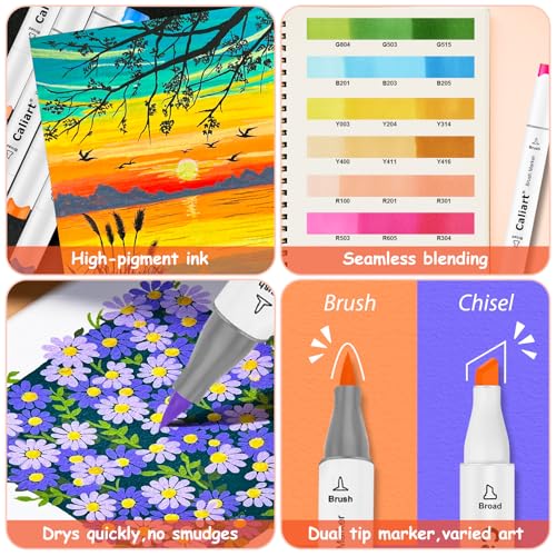 Image of Caliart 101 Colors Alcohol Markers Brush Tip, Dual Tip Brush & Chisel Permanent Art Markers for Adult Coloring Books, Drawing, Sketching, Illustration, with Carrying Case for Artists & Beginners