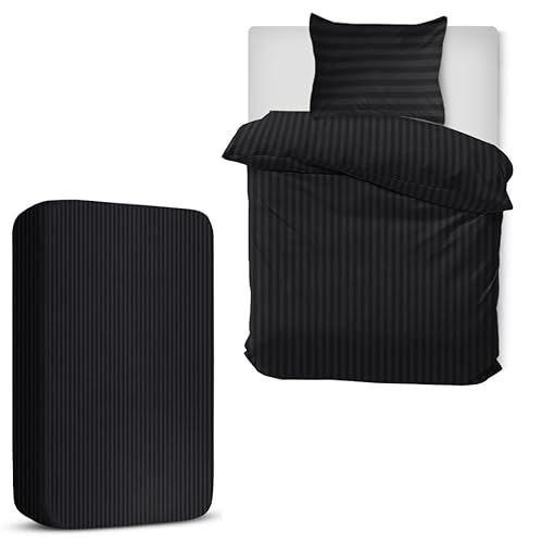 MOONLIGHT20015 Single Duvet Cover Set 3 Piece Satin Stripe Duvet Covers Soft Brushed Microfiber Bedding Set with Fitted Sheet & 1 Pillow Case (Black, 135x200 cm)