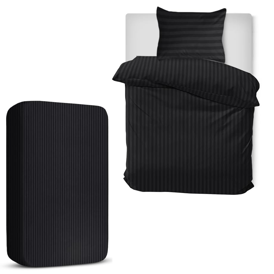 MOONLIGHT20015 Single Duvet Cover Set 3 Piece Satin Stripe Duvet Covers Soft Brushed Microfiber Bedding Set with Fitted Sheet & 1 Pillow Case (Black, 135x200 cm)