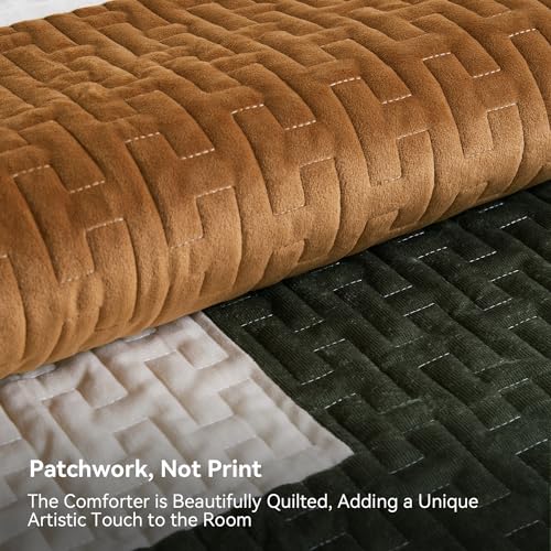 Image of Grassix Velvet Quilt Set King Size, Luxury Patchwork Design, Green Caramel | Lightweight Velvet Comforter with 2 Pillow Shams, Soft Bedspread Coverlet, Quilted Bedding Set for All Seasons, 108 inchx96 inch