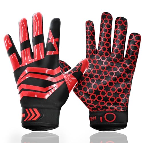 FINGER TEN American Football Receiver Handschuhe für Youth Jungen Mädchen, Torwarthandschuhe rutschfest Impact Palm Protection Outdoor Sport, Wasserdicht Gloves Fit Kinder Alter 5-14 (Rot, S)
