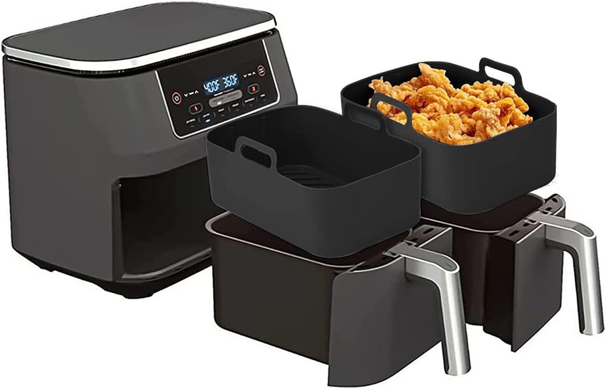 Hands DIY 2PCS Silicone Pot Ninjas Dual Air Fryer, Reusable Silicone Air Fryer Liner, Air Fryer Silicone Air Fryer Basket BPA Free Air Fryer Rack Accessories Air Fryer, Oven, & Microwave(Black)