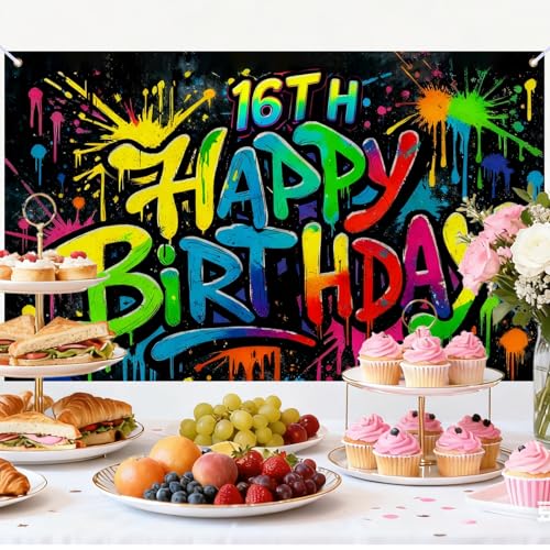 Image of Nuxovilar 16th Birthday Banner Polyester Graffiti Backdrop Decor 71 inchx43