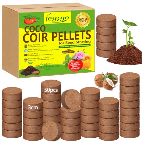 Legigo 50 Pcs 30mm Coco Coir Pellets Seed Starter Soil Mix- Organic Coconut Coir Potting Soil Pods for Seedling, Coco Peat Soil Discs for Indoor & Outdoor Plants Bonsai Herbs Vegetables and Flowers