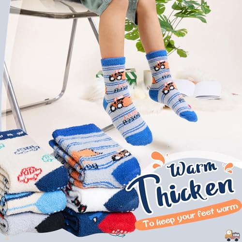 Image of Eyean Kids Fuzzy Socks Non Slip Soft Fluffy Slipper Grips Socks Warm Plush Cozy Cabin Boy Girls Crew Socks 6 Pairs