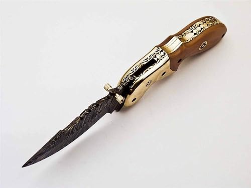Miniatura 7 de Cuchillo de bolsillo de Damasco personalizado raro  El mejor cuchillo para exteriores  Mango de macerata con funda de cuero genuino gratis (F-50)