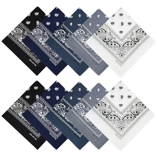 Gorgeous Island 10 Pack 100% Cotton Bandanas 22x22 inches - Multi-Purpose Square Scarfs for Men & Women, Headbands, Face Cover, Fashion Accessories