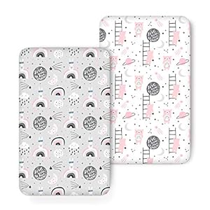 COSMOPLUS Knitted Crib Sheet Set 2 Pack Stretchy Crib Sheets for Boys Girls,Universal Knit Fitted for Standard Baby…