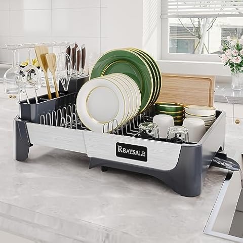 RBAYSALE Expandable Dish Drying Rack with Large Capacity and Fast Drainage System Cover