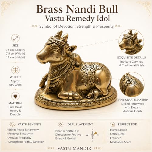 Image of Brass Nandi Bull Statue, Golden, Pure Brass, 11cm x 9cm, Traditional Finish, Vastu Remedy Idol for Home Temple