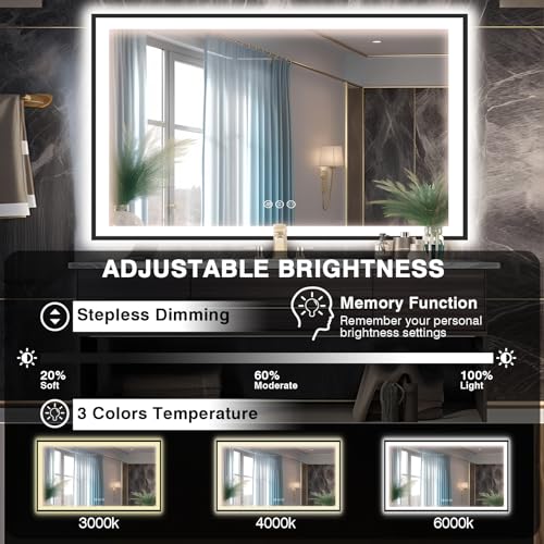 60x40 LED Mirror for Bathroom - Matte Black Framed (Front and Backlit), Anti-Fog Vanity Mirror with Lights,Stepless Dimmable Lit Mirror,3 Colors Smart(Horizontal/Vertical)