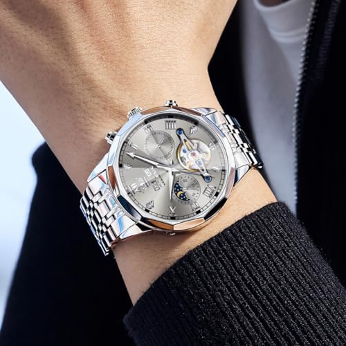 Image of OLEVS Automatic Watch for Men Original Luxury Diamond Self Winding Multifunctional Men's Watch Stainless Steel Waterproof Moon Phase Watches