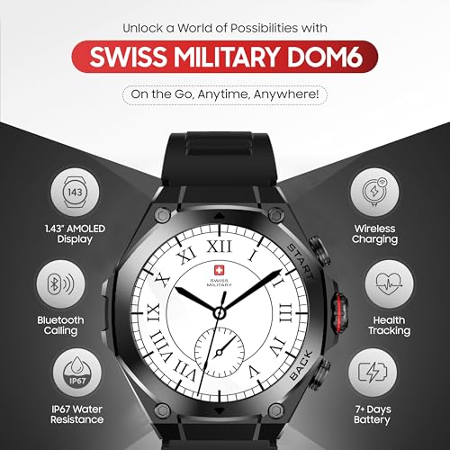 Image of Swiss Military DOM6 Smartwatch 1.43 inch AMOLED, Bluetooth Calling, Multi Language, Health & Sports Tracking, Wireless Charging, 7 Days Battery, IP67, iOS /Android Compatible, Black Frame with Black Strap