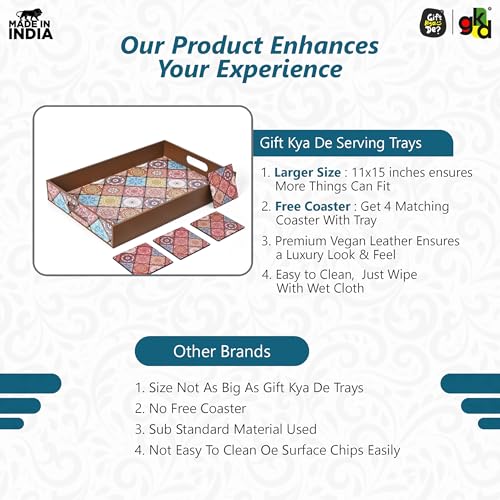 Image of GKD Wooden Serving Tray with Free 4 Coasters - 11x15 Inch Large Tea & Coffee Tray, Snack Tray Decorative MDF Trays for Home & Kitchen - Food Trays with Handles for Dining & Bar (Vibrant Mandala)