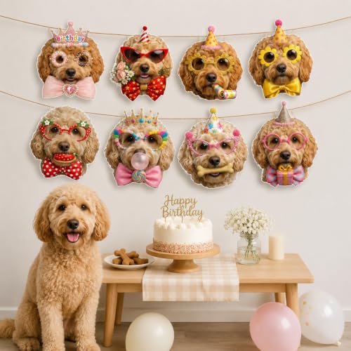 Image of Goldendoodle Birthday Banner, Dog Party Decorations Garland Doodle Gifts | 8 Unique Doodle Faces, Pre-Strung, Easy to Hang