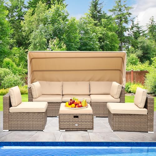 YITAHOME Outdoor Wicker Daybed Set with Retractable Canopy, Plush Cushions, and Storable Side Table for Leisure in Porch Backyard, Light Brown & Beige
