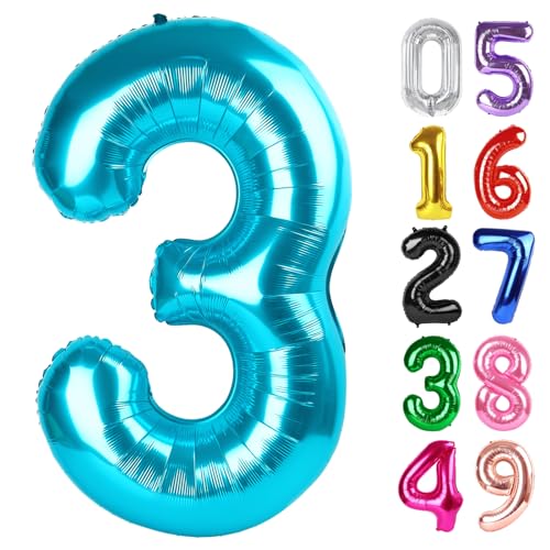 Image of Light Blue Number 3 Balloon 40 Inch, 3rd Birthday Celebration Supplies Women Men, 3 Balloon for Theme Party