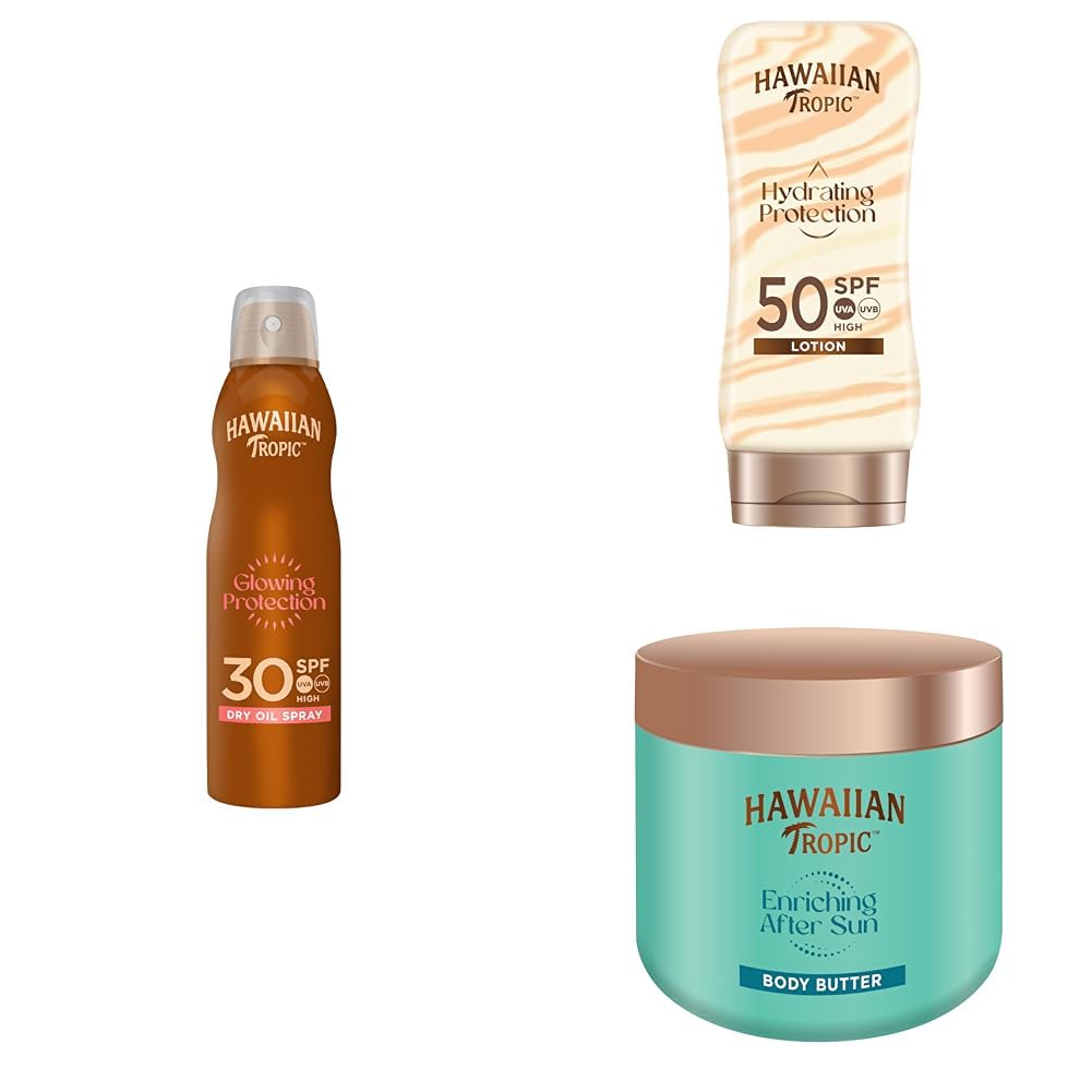 Hawaiian Tropic Can Spray Oil SPF 30, Lozione Solare Hydrating Protection SPF 50, Body Butter Doposole - 180ml + 180ml + 250ml