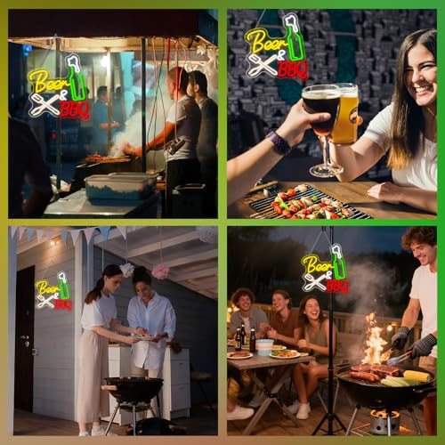 Image of Neon Beer Signs for Wall Wine Decor LED BBQ Sign Light Up Bar Backyard Party Neon Beer Light Sign for BBQ Shop Restaurant Barbecue Gifts for Meat Beer Lovers