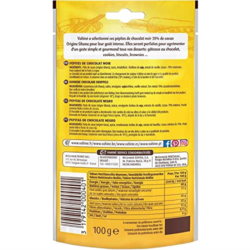 Sachets Pépites Chocolat Noir Intense 70% d'Origine Ghana VAHINE - Idéal pour une pâtisserie gourmande - 100g - Le Lot De 4
