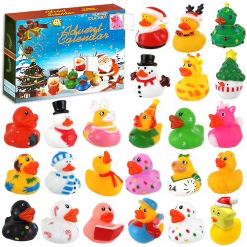 Audasi Calendario de Adviento 2025, Calendario De Adviento De Patos Navideños Calendario De Advientos Con Patitos De Goma Goma Divertidos Juguetes de Baño para Niñas y Niños Regalos Fiesta Duck