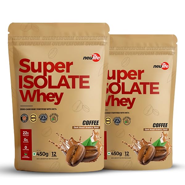 Image of Neulife Super Isolate Whey Protein (900 g 450x2) | Max Absorption Protein Shake with Patented Ketofuel MCTs | Coffee