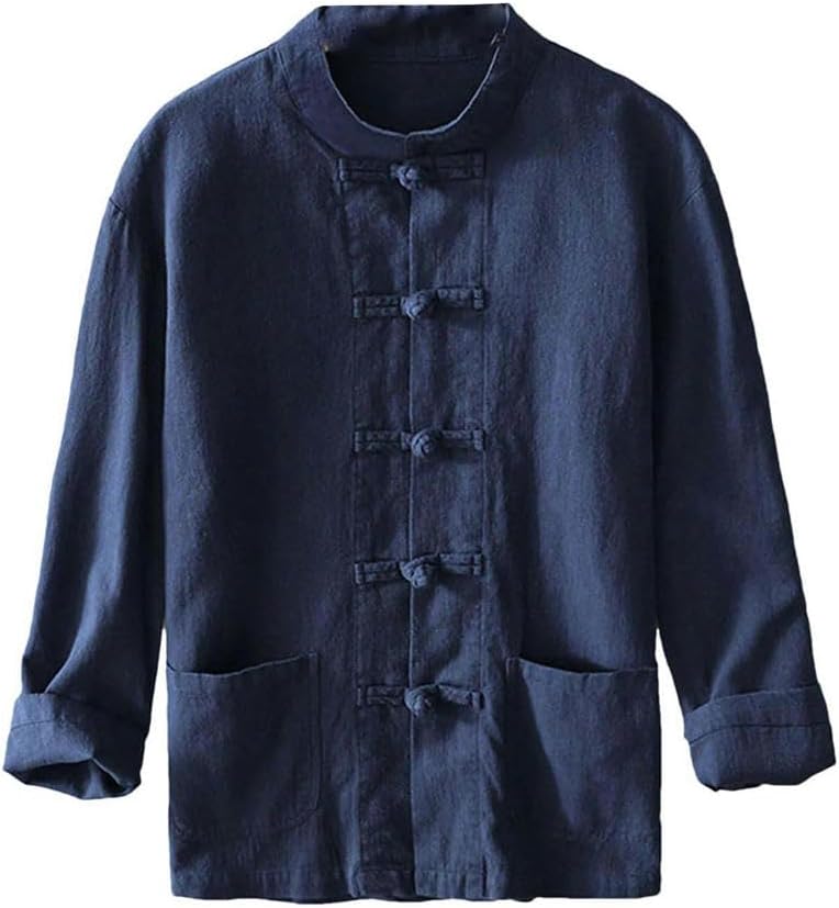 Chinese Style Men's Shirt Solid Color V-Neck Casual Shirt Chinese Knot Button Long Sleeve Men's top
