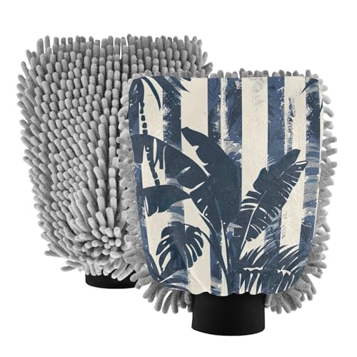 Kigai Azure Style Palm Tree Car Wash Mitt Microfiber, 2Pcs Scratch Free Lint-Free, Premium Chenille Microfiber Mitt Car Wash Brush-L
