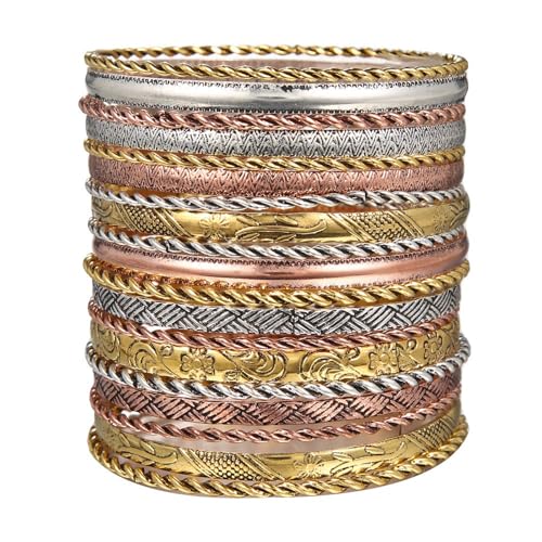 FUNOJOY Boho Bangle Bracelets for Women Multi Layer Stackable Textured Bracelets Indian Jewelry for Women- 16Pcs (Multicolor)