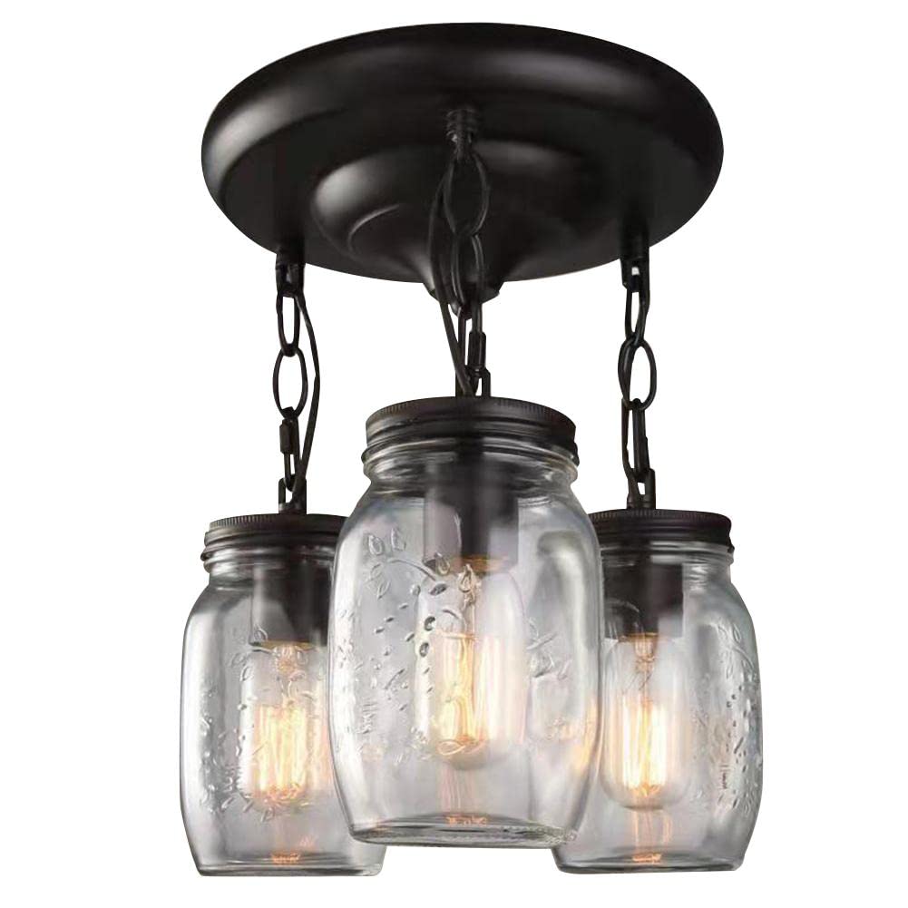 Saffbei Industrial Cluster Pendant Lights Modern Kitchen Island Chandeliers 3-Light Black Hanging Lamp with Clear Glass Mason Jar Rustic Light Fixtures for Living Dinning Room Farmhouse, E26 Base