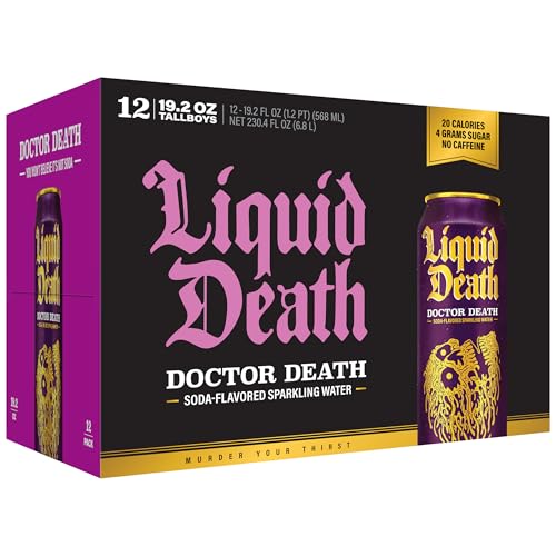 Image of Liquid Death Soda-Flavored Sparkling Water - Doctor Death (Cherry, Cream, Spice), Less Sugar*, Huge Flavor, No Caffeine, No Artificial Sweeteners, King Size 19.2 Fl Oz (Pack of 12)