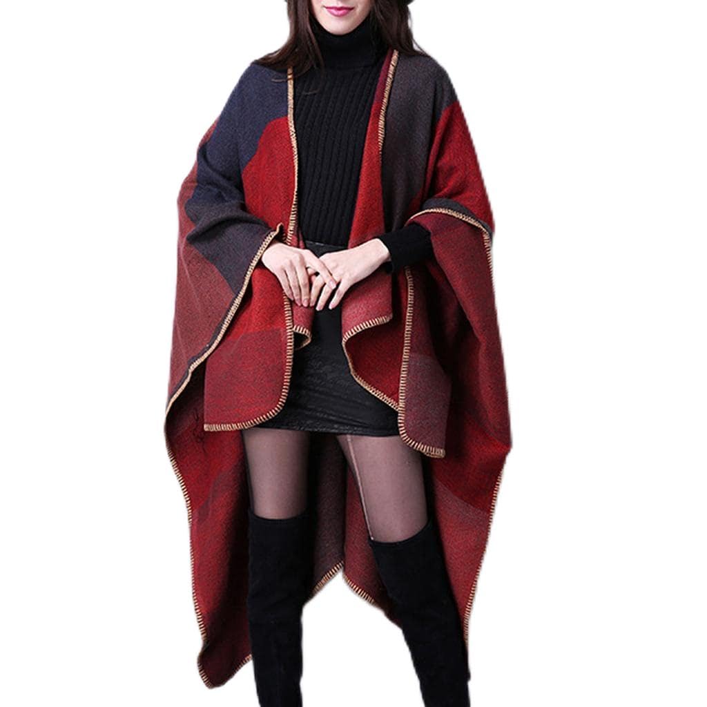 Women's Plaid Color Block Shawl Wrap Open Front Poncho Cape Cardigan Red|Clothing Shoes & Accessories | Womens Clothing | Sweaters-image-6