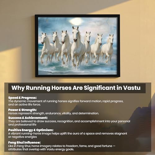 Image of 7 White Running Horses Vastu Framed Wall Art Painting for Living Room| Symbol of Success, Purity & Positive Energy Seven Horse Painting With Frame for Home & Office, 17x23 Inch