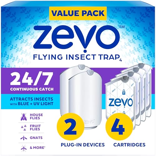 Zevo 2 Flying Insect Traps & 4 Refill Cartridges - Plug in Fly Trap & Indoor Bug Catcher for Gnats, House & Fruit Flies - Blue & UV Light Technology, Mess-Free Alternative to Bug Zapper