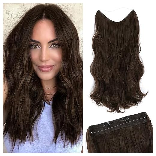 MORICHY Synthetic Invisible Wire Hair Extensions Dark Brown Long Clip in Wave Curly Secret Hairpiece for Women with Transparent Fishing Line Stress-Free Adjustable Size 2 Secure Clips 16 Inch