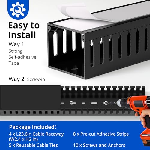 Image of ZhiYo 2 inch H x 2.4 inch W Cable Management Raceway, 95in Under Desk Channel, Black (Pack of 2)