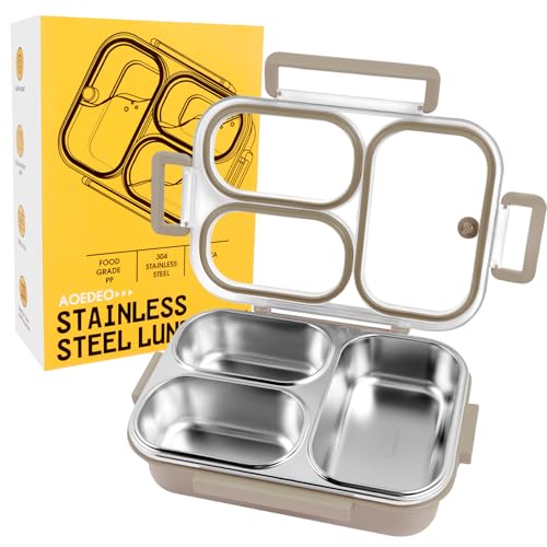 AOEDEO Stainless Steel Lunch Box, 3 Compartments Metal Bento Box for Kids, 25oz Lunch Container with Leakproof Lid, Divided Meal Prep Box for Adults,...