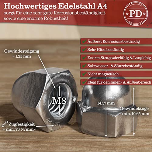 PD® Hutmuttern M8 Edelstahl (DIN 1587) | Hochwertige A4 V4A Edelstahl Kappenmuttern | Schutzkappen Muttern in hoher Form für Schrauben, Gewindestangen & Gewindebolzen | 5 Stück