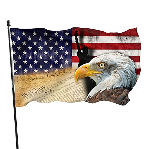 American Flag 3X5 Ft Bald Eagle Constitution And Statue Of Liberty, Freedom Patriotism Flags 4Th Of July Memorial Independence Day, Outdoor Lndoor Vivid Color Double Sided Print #TOP4