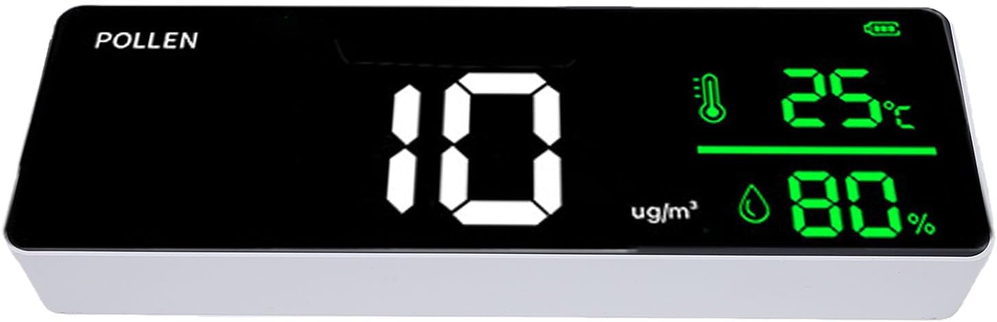 3 in 1 Pollen Temperature Humidity Detector, 1g m High Precision 0-999ug m Range Over Limit Warning Rechargeable Wall Mounted Meter Large Display for Home Office Factory