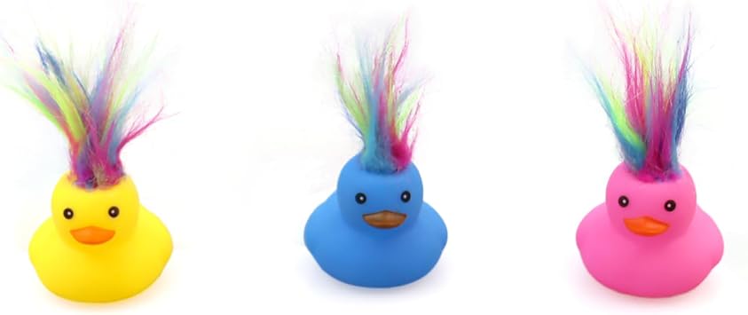 3 Pack Jeep Crazy Hair Rubber Ducks Car Ornaments Fun Dashboard Decor Jeep Ducks with Rainbow Wigs for Jeep Wrangler Gladiator Ducking Games