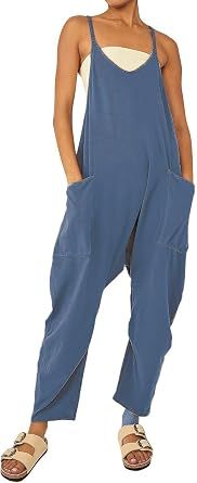 Jumpsuits for Women Dressy Cotton Linen Spaghetti Strap Rompers Outfits Casual Baggy Jumpers Long Pant Overalls
