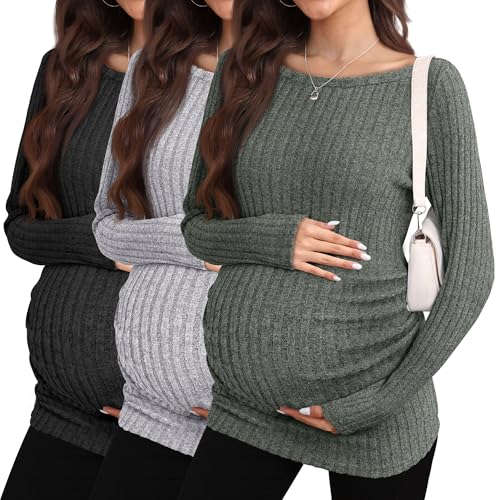 3 Pack Fall Maternity Shirts Long Sleeve Maternity Sweaters Boat Neck Ribbed Knit Pregnancy Winter Clothes