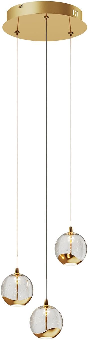 3-Light Gold Glass Globe Chandelier, Modern Bubble Glass Cluster Pendant Lights for Kitchen Island & Dining Room Light Fixture & Foyer Chandelier, Warm White 3000K, LED 1175 lm, Ø 9.8 in