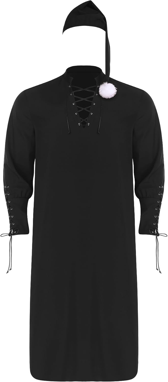 Men's Medieval Victorian Nightshirts Lace-up Neck Nightshirt Funny Christmas Pajamas with Sleeping Cap