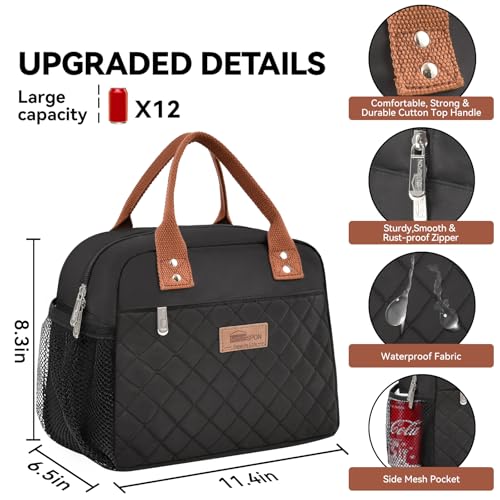 HOMESPON Insulated Lunch Bag for Women Men Adults Lunch Tote with Front Pocket Lunch Box Container Cooler Bag for Work Picnic (Black (Side Pockets) by HOMESPON - Image 2