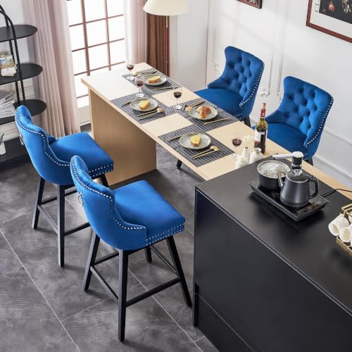 Image of Blue Swivel Bar Stools, Velvet Counter Height Bar Stools Set of 5 | 360 Swivel Bar Chairs, Solid Wood Legs, Upholstered Kitchen Island Stools, Modern Extra Wide Seat (Blue, 30 inch H, 5 Pack)