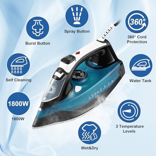 YASHE 1800W Steam Iron with Self-Cleaning Soleplate and 3-Way Auto-Off