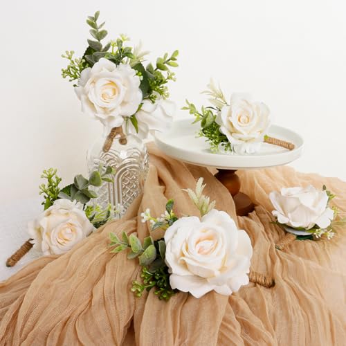Gvhntk Ivory Rose Boutonniere for Men Wedding Set of 6 Groom Groomsmen Best Man Artificial Flowers Boutonniere for Wedding Ceremony Anniversary Prom Flowers Formal Dinner Party (6, image 5